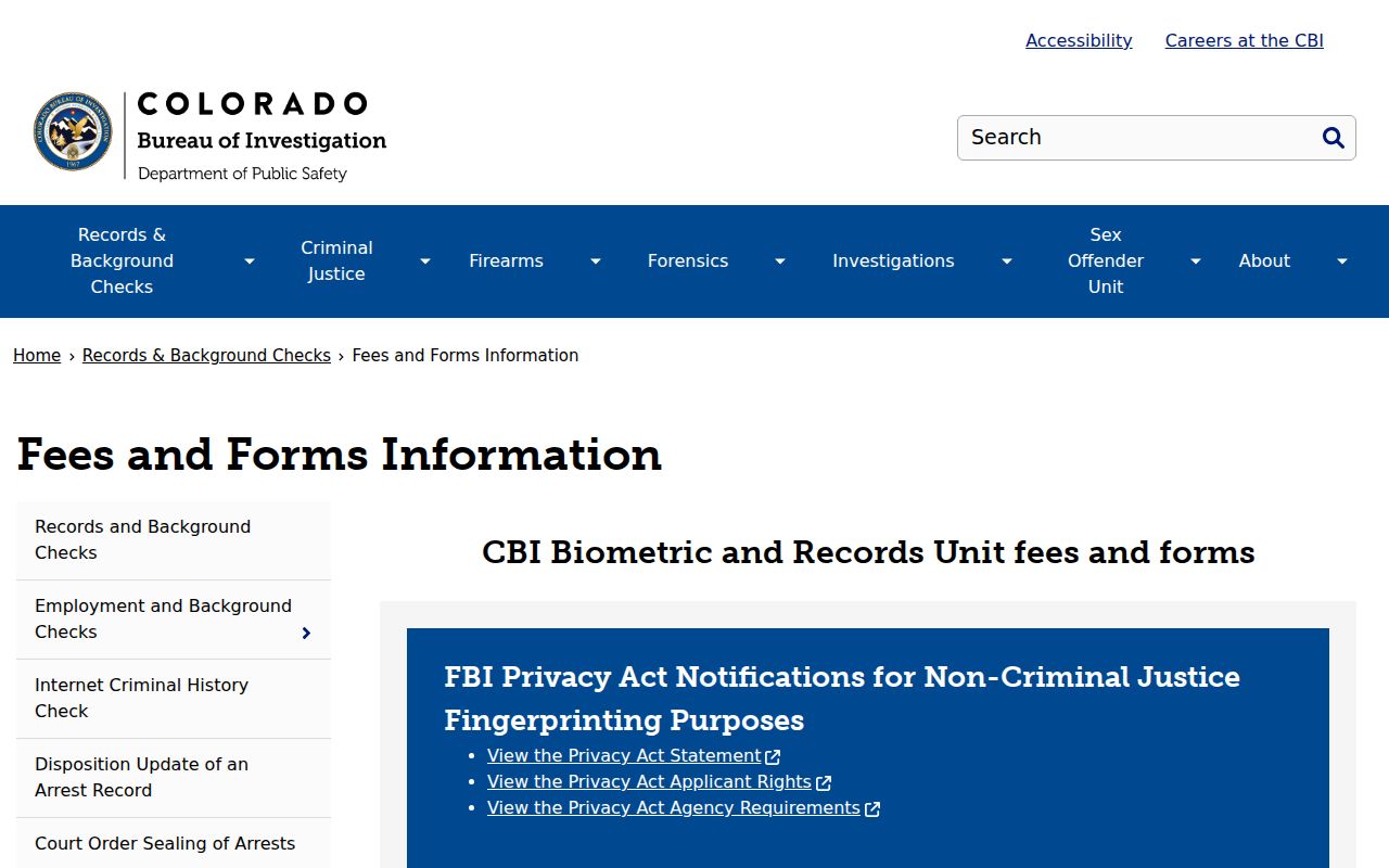 Colorado Bureau of Investigation criminal history fees and forms page