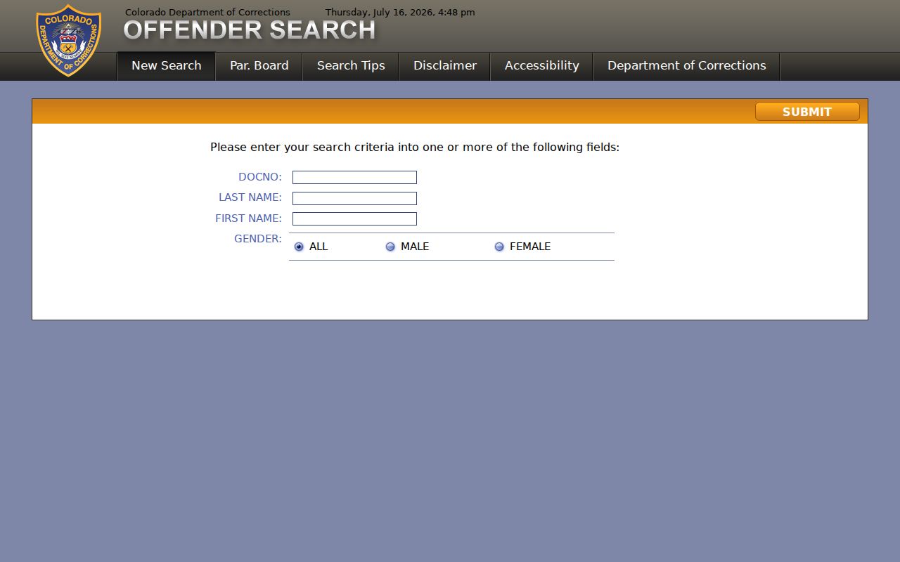 Colorado Department of Corrections offender search fields